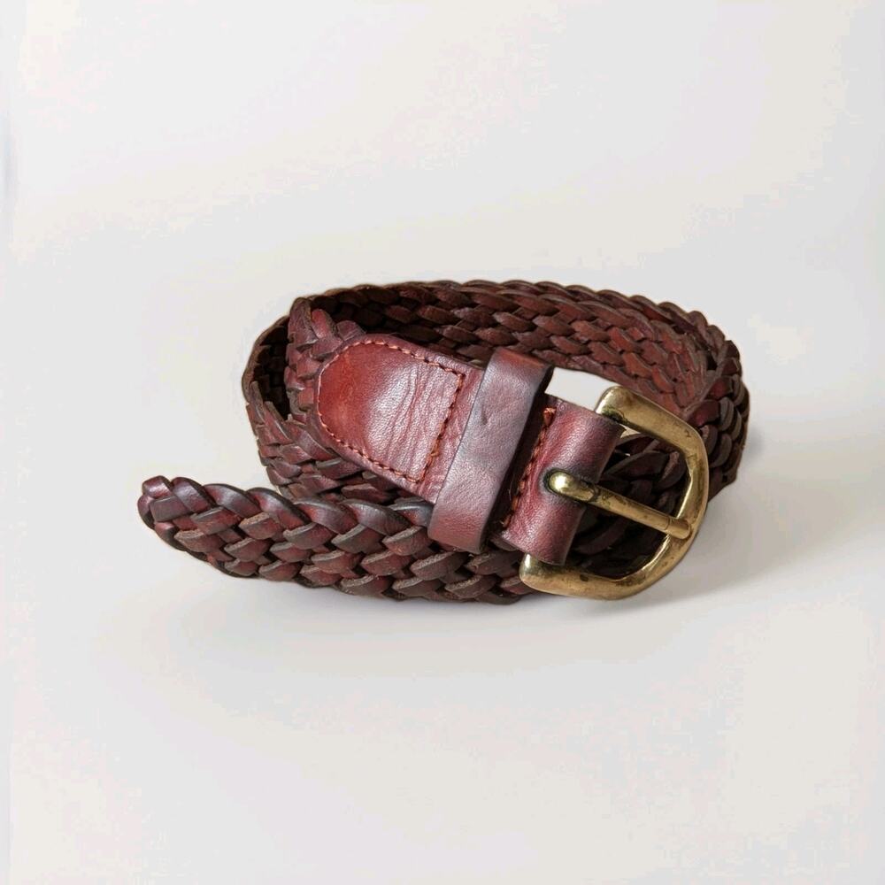 Vintage Men's Leather Braided/Woven Belt Brass Buckle Adjustable Size 32